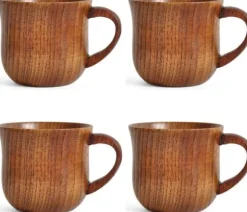 OBOSOE 4-pack trämuggar med handtag – 150 ml naturliga drickskoppar i hagtornsträ