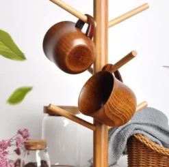 OBOSOE 4-pack trämuggar med handtag – 150 ml naturliga drickskoppar i hagtornsträ