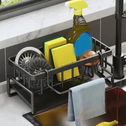 OBOSOE Självtränande tvål svamp hållare, rostfritt stål handfat hylla, kök handfat avloppshylla med delare, kök bänkskiva arrangöre