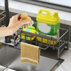 OBOSOE Självtränande tvål svamp hållare, rostfritt stål handfat hylla, kök handfat avloppshylla med delare, kök bänkskiva arrangöre