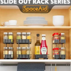 OBOSOE 2-vånings Kryddhylla för Skåp – Tung Duty Utdraggbar Design med Märklappar, 13 cm bred x 27 cm djup x 25 cm hög (Utan Burkar)