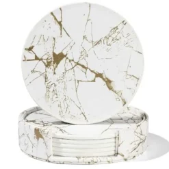 6-Pack Glasunderlägg PU-Läder Guld Marmor Vit