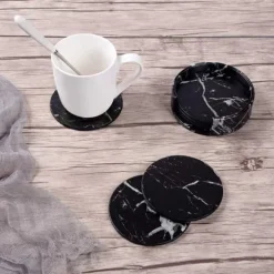 6-Pack Vändbara Glasunderlägg Svart Marmor PU med Hållare