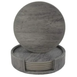 6-Pack Vändbara Glasunderlägg PU med Hållare Grå Trä