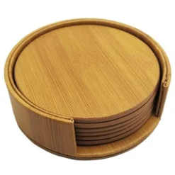 6-Pack Vändbara Glasunderlägg PU med Hållare Trä Ek Brun