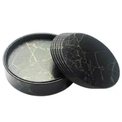 6-Pack Vändbara Glasunderlägg Svart Marmor PU med Hållare