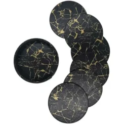 6-Pack Vändbara Glasunderlägg Svart Marmor PU med Hållare