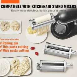Pastatillbehör för KitchenAid, rostfritt stål, Pasta Roller, Spaghetti- och Fettuccine-cutter, 8 justerbara tjocklekar, 3 delar.