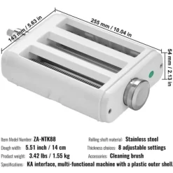 Pastatillbehör för KitchenAid, 3-i-1 rostfritt stål, Pasta Roller, Spaghetti och Fettuccine Cutter, justerbar tjocklek.