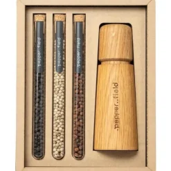 .poivre..champ Kvarn i naturligt trä med set av rör med Kampotpeppar 3 × 10 g