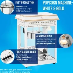 Popcornmaskin - 1500 W - 5 kg/h - vit & guld - Royal Catering