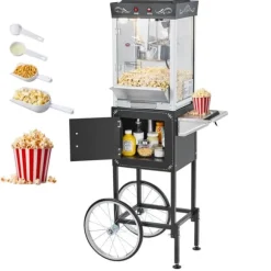 Popcornmaskin med vagn, 0,2 kg, 800W, 48 koppar/omgång, 2-knappskontroll, glasvägg, PC-dörr, skopor inkluderade, svart