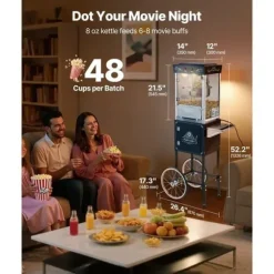 Popcornmaskin med vagn, 0,2 kg, 800W, 48 koppar/omgång, 2-knappskontroll, glasvägg, PC-dörr, skopor inkluderade, svart