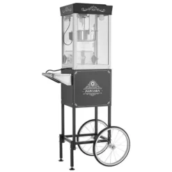 Popcornmaskin med vagn, 0,2 kg, 800W, 48 koppar/omgång, 2-knappskontroll, glasvägg, PC-dörr, skopor inkluderade, svart