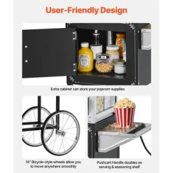 Popcornmaskin med vagn, 0,2 kg, 800W, 48 koppar/omgång, 2-knappskontroll, glasvägg, PC-dörr, skopor inkluderade, svart