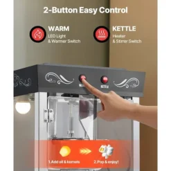 Popcornmaskin med vagn, 0,2 kg, 800W, 48 koppar/omgång, 2-knappskontroll, glasvägg, PC-dörr, skopor inkluderade, svart