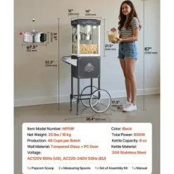 Popcornmaskin med vagn, 0,2 kg, 800W, 48 koppar/omgång, 2-knappskontroll, glasvägg, PC-dörr, skopor inkluderade, svart