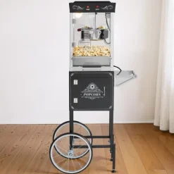 Popcornmaskin med vagn, 0,2 kg, 800W, 48 koppar/omgång, 2-knappskontroll, glasvägg, PC-dörr, skopor inkluderade, svart