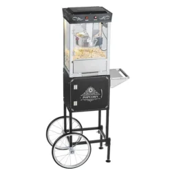 Popcornmaskin med vagn, 0,2 kg, 800W, 48 koppar/omgång, 2-knappskontroll, glasvägg, PC-dörr, skopor inkluderade, svart