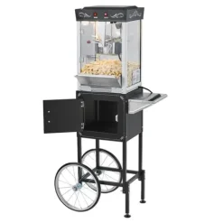 Popcornmaskin med vagn, 0,2 kg, 800W, 48 koppar/omgång, 2-knappskontroll, glasvägg, PC-dörr, skopor inkluderade, svart