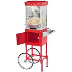 Popcornmaskin med vagn, 0,2 kg rostfri stålkittel, röd, kommersiell