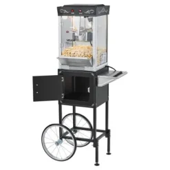 Popcornmaskin med vagn, 0,2 kg rostfri stålkittel, svart, kommersiell