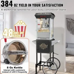Popcornmaskin med vagn, 850W, 8 oz, svart - Snabb uppvärmning, hög kapacitet, perfekt för fest och biokvällar