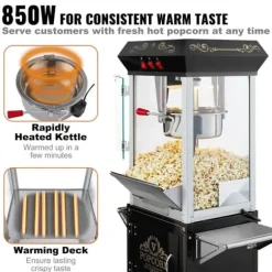 Popcornmaskin med vagn, 850W, 8 oz, svart - Snabb uppvärmning, hög kapacitet, perfekt för fest och biokvällar