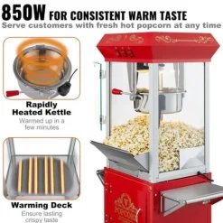 Popcornmaskin med vagn, 850W, 8 oz, röd, högpresterande, lättanvänd för perfekta popcorn hemma, fest och biokvällar