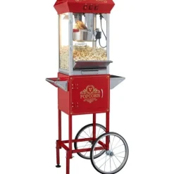 Popcornmaskin med vagn, 850W, 8 oz, röd, högpresterande, lättanvänd för perfekta popcorn hemma, fest och biokvällar