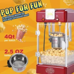Popcornmaskin 300W 2,5 Oz, Bordsskiva, Röd, Snabb och Lätt Att Använda, Perfekt för Filmkvällar och Fester