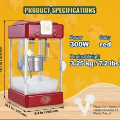 Popcornmaskin 300W 2,5 Oz, Bordsskiva, Röd, Snabb och Lätt Att Använda, Perfekt för Filmkvällar och Fester