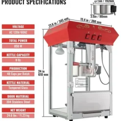 Popcornpopper 850W, röd bänkskivemodell 8 Oz, 48 koppar, snabb uppvärmning, perfekt för hemmakvällar och fest, enkel att använda