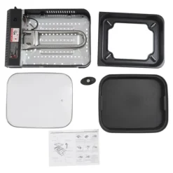 Portabel gasgrill och campingkök - Butan - 2,1 kW - Piezo-tändning - Grillpanna med lock 37×30×3,5 cm - Butanpatron ej inkluderad - Svart