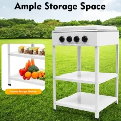 Portabel utomhus gasspis - Stativmodell - 4 brännare - NG/LPG (lågtrycksregulator krävs) - Vindskydd - 2 hyllor - Manuell tändning - Vit