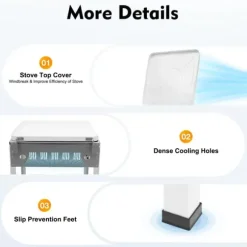 Portabel utomhus gasspis - Stativmodell - 4 brännare - NG/LPG (lågtrycksregulator krävs) - Vindskydd - 2 hyllor - Manuell tändning - Vit