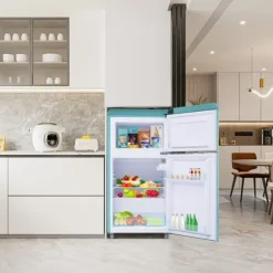 Retro-Kylskåp, Dubbeldörr, 72L kyl, 21L frys, 120 kWh/år, LED-ljus, Flera färger, Energieklass E