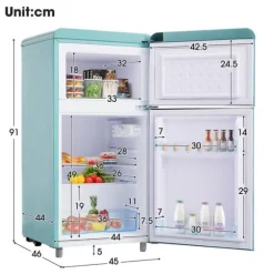 Retro-Kylskåp, Dubbeldörr, 72L kyl, 21L frys, 120 kWh/år, LED-ljus, Flera färger, Energieklass E