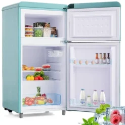 Retro-Kylskåp, Dubbeldörr, 72L kyl, 21L frys, 120 kWh/år, LED-ljus, Flera färger, Energieklass E