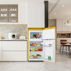 Retro-Kylskåp, Dubbeldörr, 72L kyl, 21L frys, 120 kWh/år, LED-ljus, Flera färger, Energieklass E