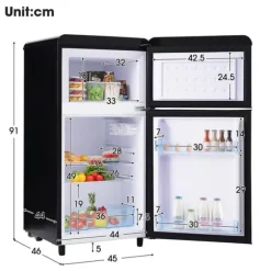 Retro-Kylskåp, Dubbeldörr, 72L kyl, 21L frys, 120 kWh/år, LED-ljus, Flera färger, Energieklass E