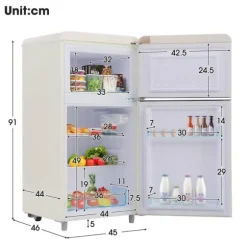 Retro-Kylskåp, Dubbeldörr, 72L kyl, 21L frys, 120 kWh/år, LED-ljus, Flera färger, Energieklass E