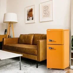 Retro-Kylskåp, Gefr. Kombi, 86.8 cm, 60L, 22L frys, 102 kWh/år, Gul, Energieklass E