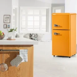 Retro-Kylskåp, Gefr. Kombi, 86.8 cm, 60L, 22L frys, 102 kWh/år, Gul, Energieklass E