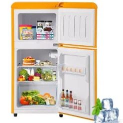 Retro-Kylskåp, Gefr. Kombi, 86.8 cm, 60L, 22L frys, 102 kWh/år, Gul, Energieklass E