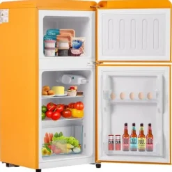 Retro-Kylskåp, Gefr. Kombi, 86.8 cm, 60L, 22L frys, 102 kWh/år, Gul, Energieklass E