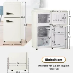 Retro-Kylskåp, Gefrierkombination, 88.8 cm, 60L kyl, 22L frys, 102 kWh/år, LED-ljus, Cremevit, Energieklass E