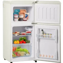 Retro-Kylskåp, Gefrierkombination, 88.8 cm, 60L kyl, 22L frys, 102 kWh/år, LED-ljus, Cremevit, Energieklass E