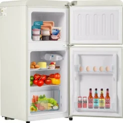 Retro-Kylskåp, Gefrierkombination, 88.8 cm, 60L kyl, 22L frys, 102 kWh/år, LED-ljus, Cremevit, Energieklass E