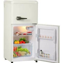 Retro-Kylskåp, Gefrierkombination, 88.8 cm, 60L kyl, 22L frys, 102 kWh/år, LED-ljus, Cremevit, Energieklass E